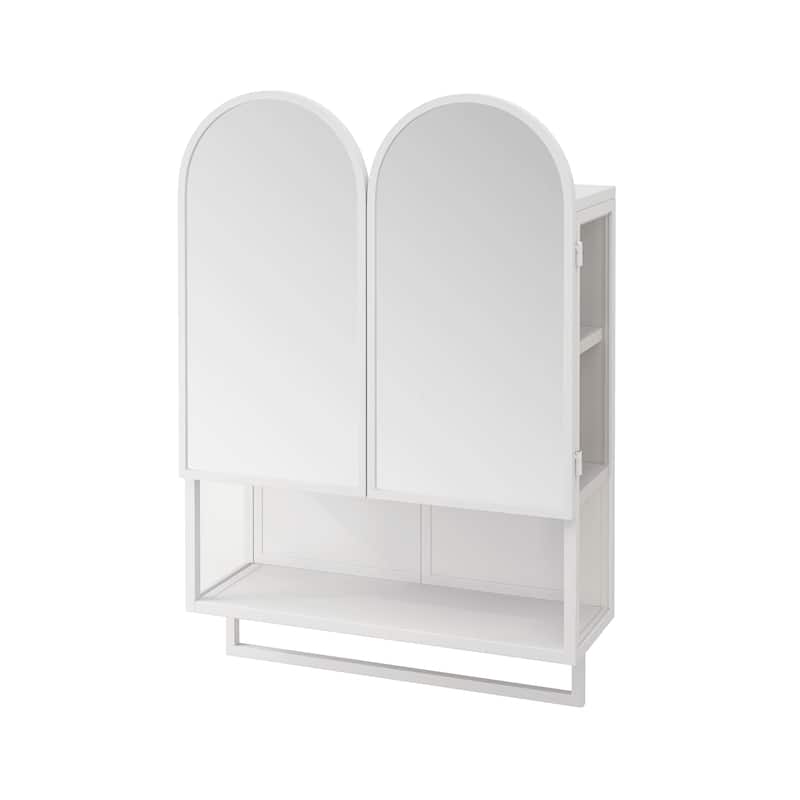 Mirror Cabinet with 2 Arched Doors, Wall Mounted Bathroom Medicine Cabinet, Metal Wall Cabinet with Open Shelf & Towel Rack