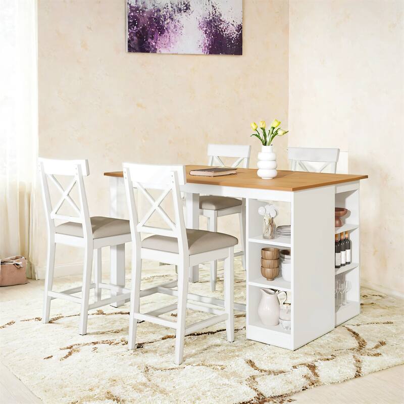 5-Piece 60"Lx30"W Solid Wood Farmhouse Counter Height Dining Table Set for 4