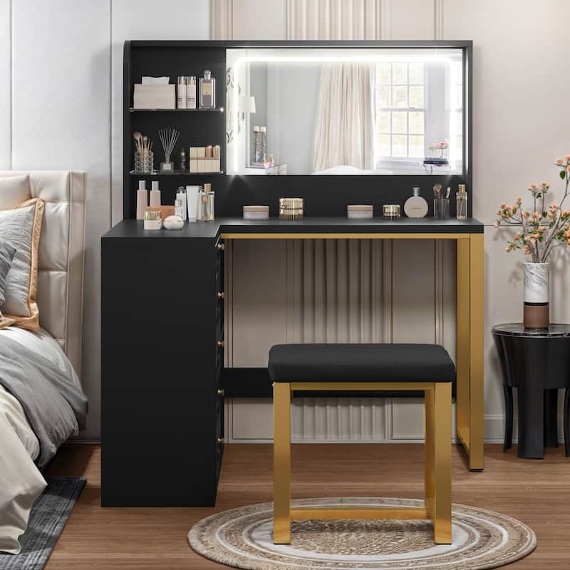 Moasis 48" L Shaped Makeup Vanity Set 5 Drawers with Lighted Mirror and Stool