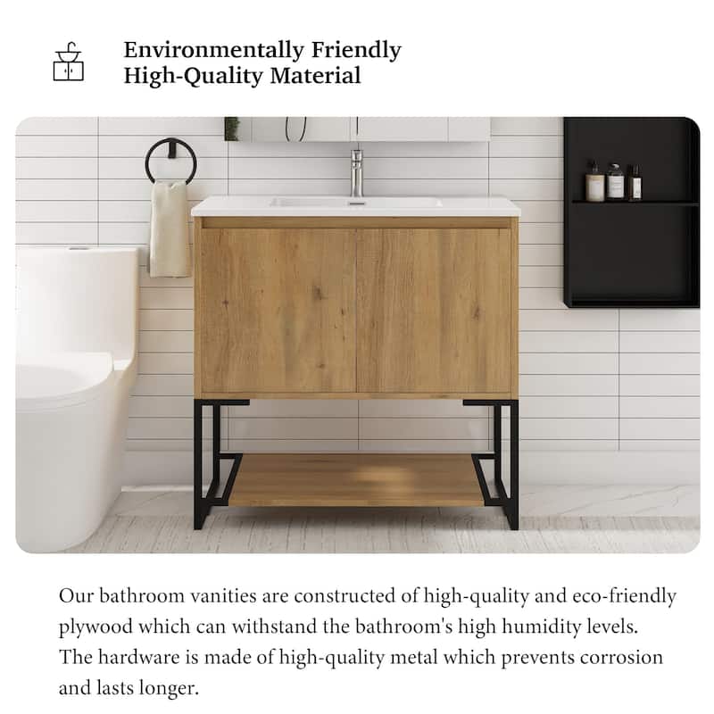 Freestanding Bathroom Vanity Set in Oak with Integrated Solid Surface Sink