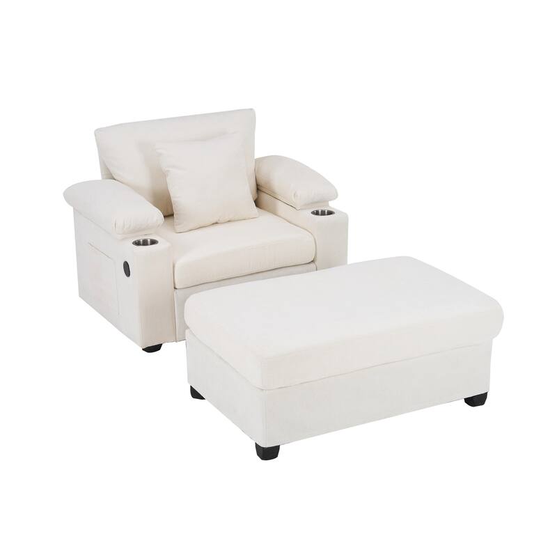 Modern Chenille Fabric Sofa Bed with Cupholders and USB Charging Ports