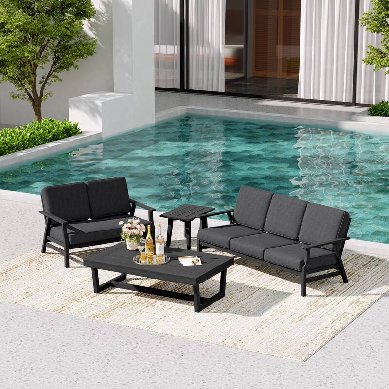 Teak Outdoor Seating Set with Daybed & Tables.