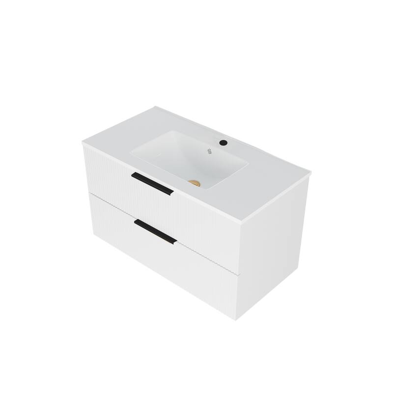 36" Floating Bathroom Vanity with Ceramic Sink - Wall Mounted Fluted Vanity Cabinet with Drawers, Modern Design