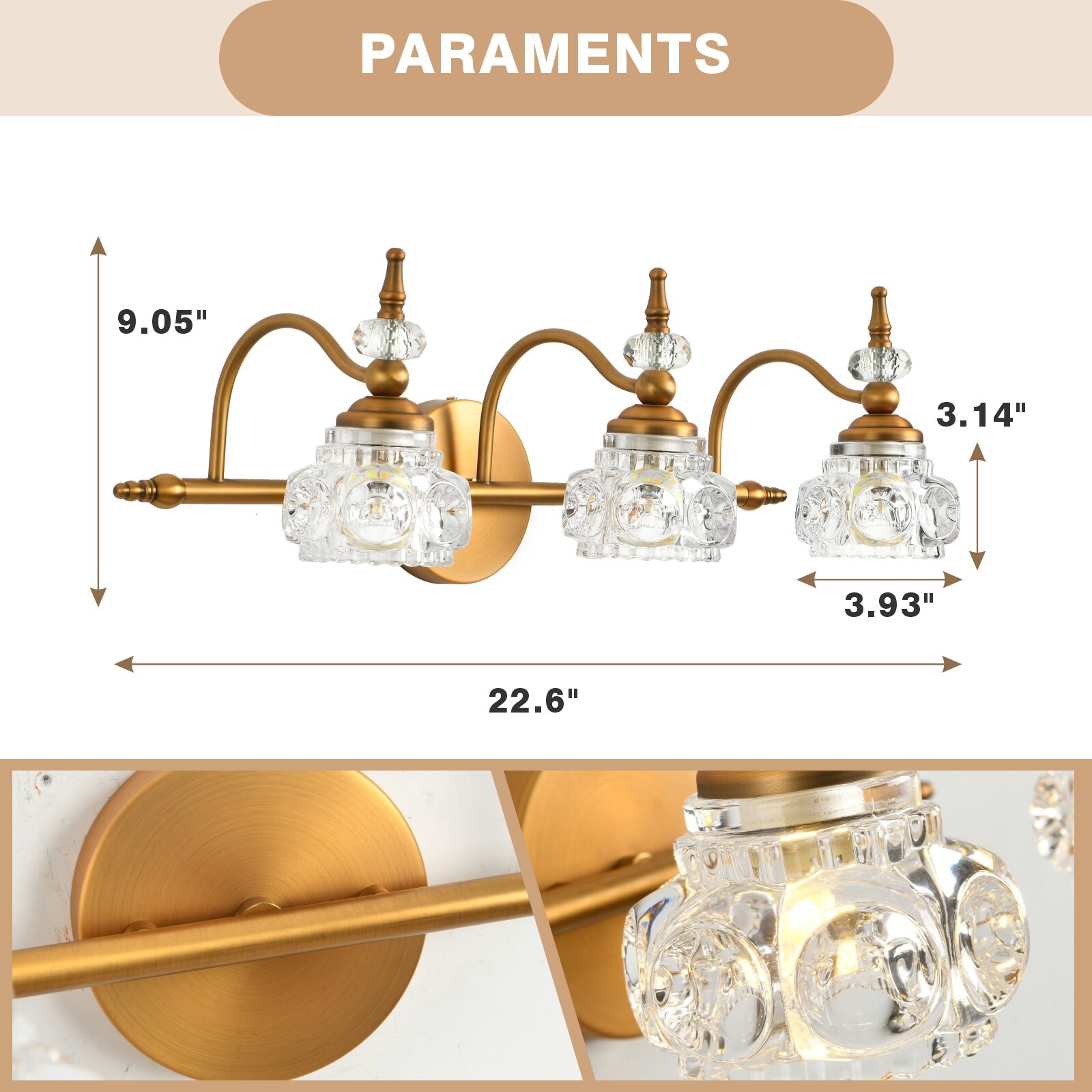 3 Lights Bathroom Lighting,Vintage Bathroom Vanity Light with Crystal Glass  Shade