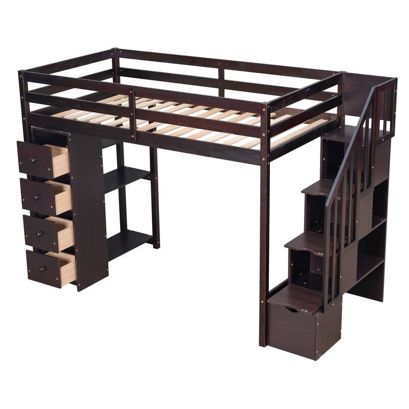 Twin Size Wooden Loft Bed with Storage Drawers, Shelves, and Stairs - Espresso