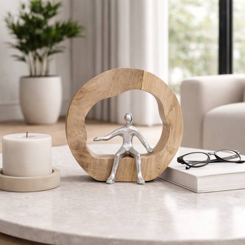 Decorative Figurine on Round Wooden Stand Sculpture