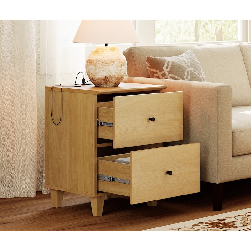 WAMPAT End Table with Charging Station and 2 Drawer for Living Room