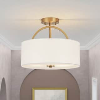 Contemporary 2-Light White Linen Drum Semi Flush Light 15in Wide