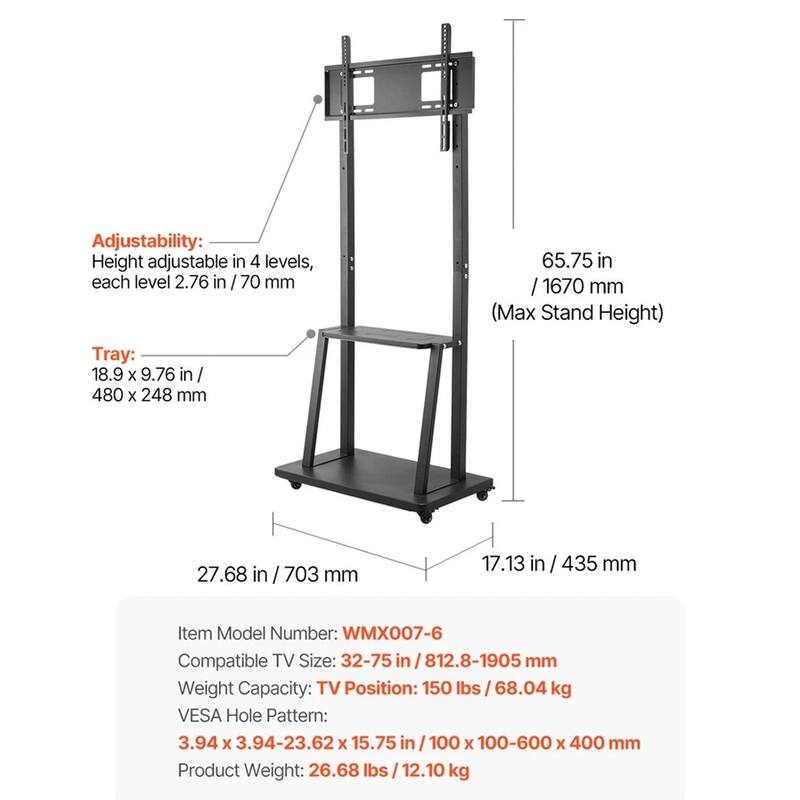 32 to 75 Inch TVs Rolling Stand Mobile Cart Holds Up to 150 lbs Black - 65 inches