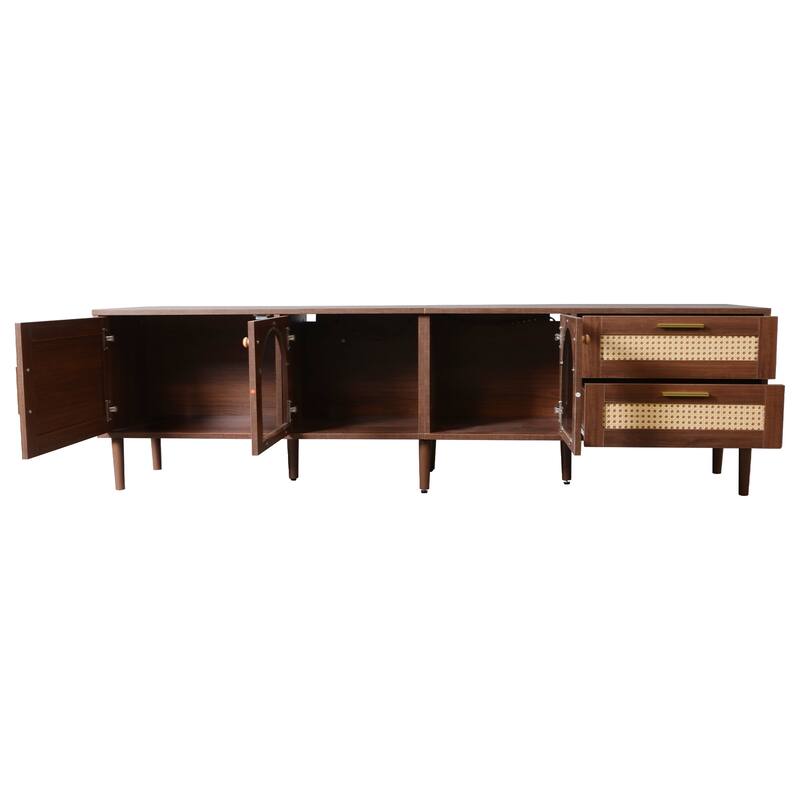 Dark Brown TV Stand for TVs up to 80", Entertainment Center with App Controlled LED Lights, PE Rattan Doors Media Cabinet