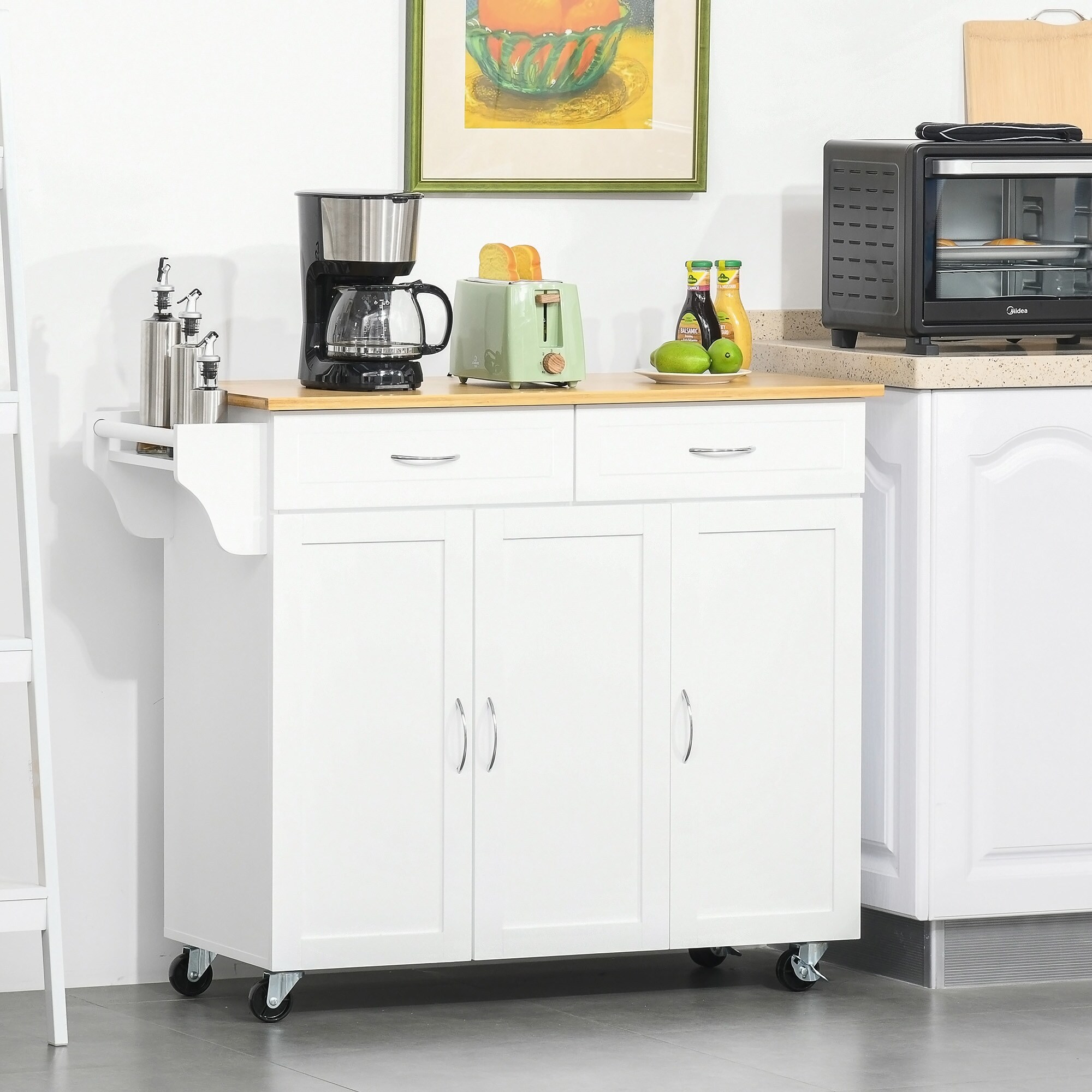 HOMCOM Rolling Kitchen Island Cart with Large Bamboo Countertop, 2 Cabinets  with Adjustable Shelves and Wheels, White