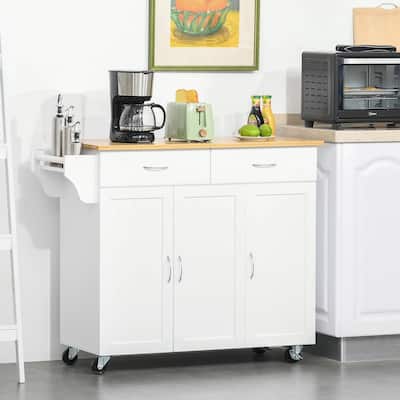 HOMCOM Rolling Kitchen Island Cart with Large Bamboo Countertop, 2 Cabinets with Adjustable Shelves and Wheels, White