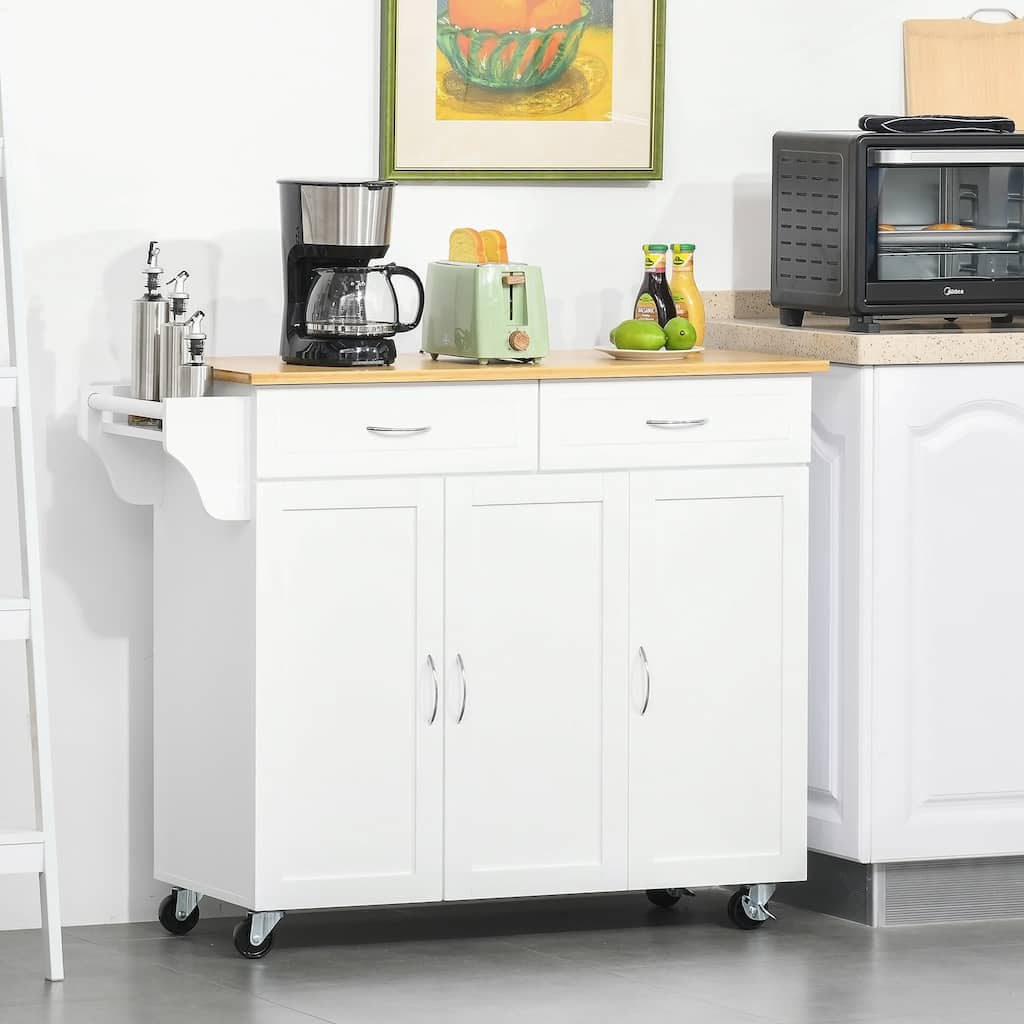 HOMCOM Rolling Kitchen Island Cart with Large Bamboo Countertop, 2 Cabinets with Adjustable Shelves and Wheels, White