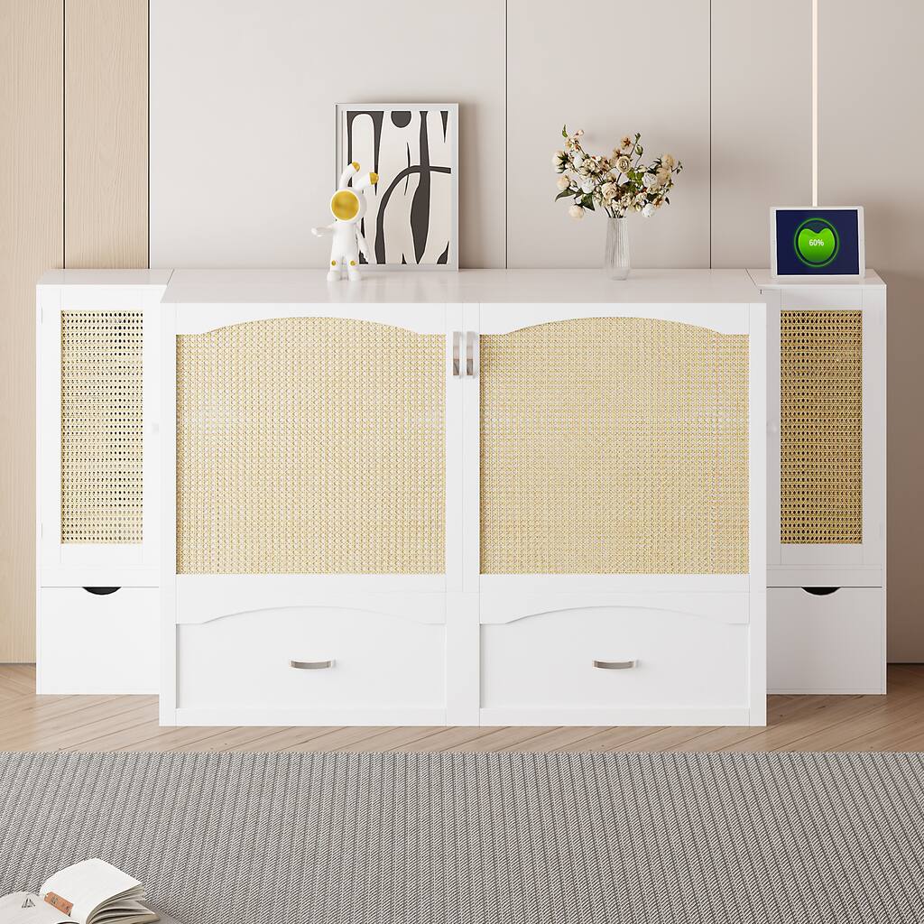 White Queen Size Murphy Bed with Rattan Decoration,Drawer and 2 Storage Cabinets for Bedroom