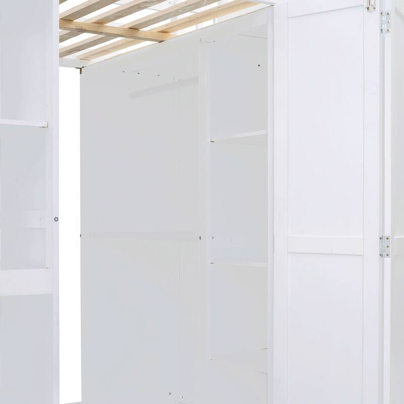 Full Size Bunk Bed with Wardrobe, Desk, and Shelves for Kids