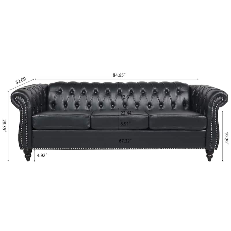 84.65" PU Leather Chesterfield Sofa with Rolled Arms (3-Seater)