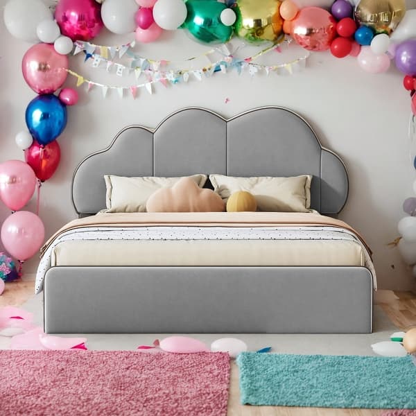 slide 2 of 30, 2 Color Upholstered Queen Size Platform Bed with Cloud-shaped Headboard for Kids,Adults Grey