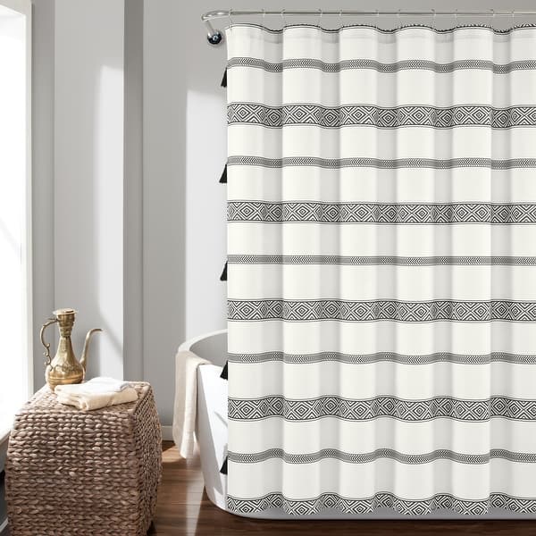 slide 2 of 7, Lush Decor Ava Boho Stripe Tassel Yarn Dyed Eco-Friendly Recycled Cotton Shower Curtain Black/White - 72" x 72"
