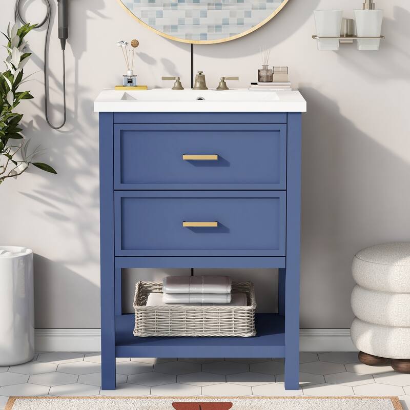 Freestanding Single Sink Storage Cabinet Bathroom Vanity with Tip-out Drawer, U-shaped Drawer, Open Shelf and Gold Metal Handles