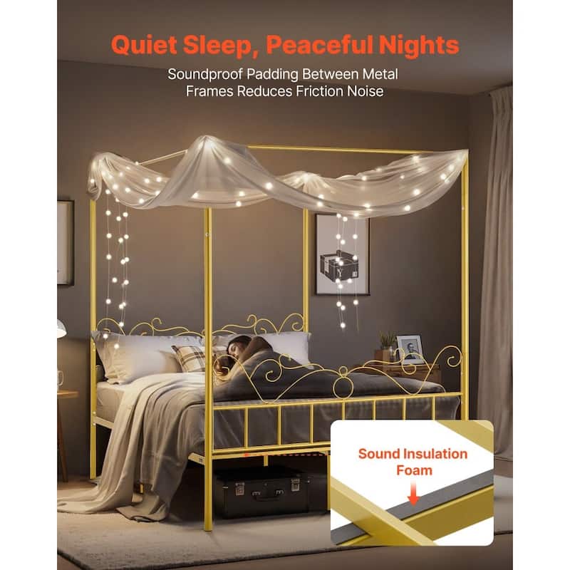 Gold Metal Queen Canopy Bed with Storage, Quiet Design and DIY Rails