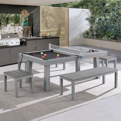 Newport Outdoor Patio 7ft Slate Pool Table 6-Seater Dining Set with 4 Benches & Accessories, Cement Finish
