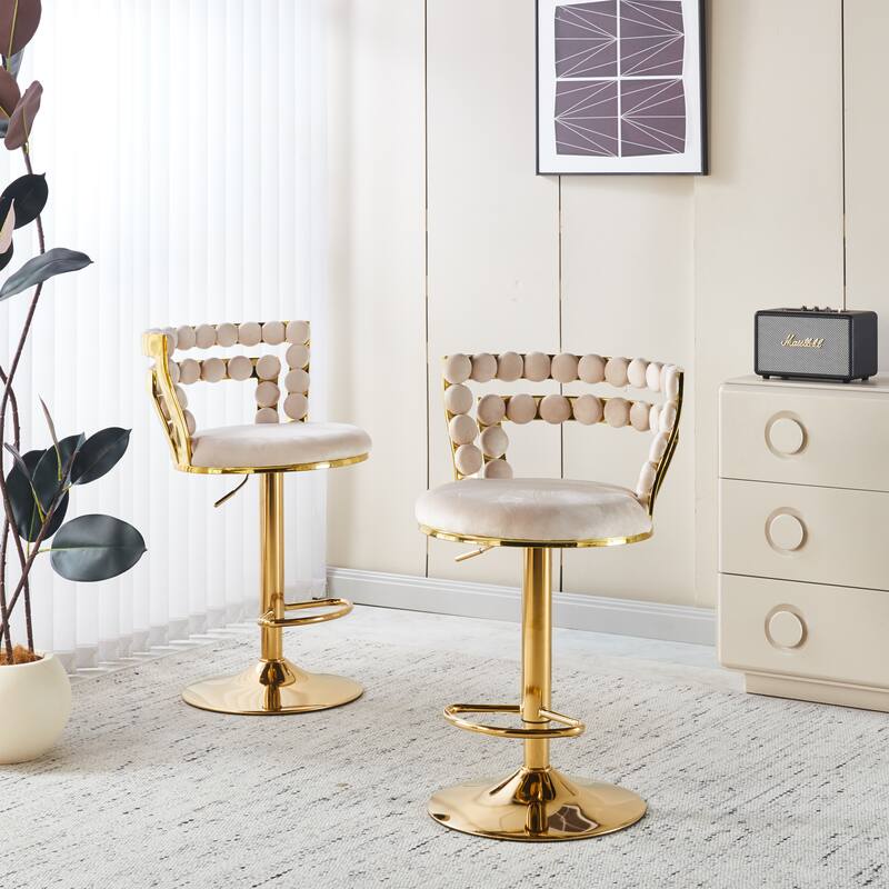 Set of 2 Modern Bar Chairs with Gold Iron Legs & Soft Cushions, Off-White Upholstered Barstool for Cafe, Dining & Living Room