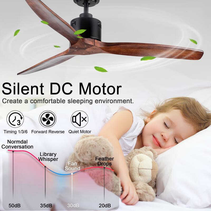 YUHAO SylvanAir Modern 52 in. Flush Mount Outdoor/Indoor Ceiling Fan with 3 Solid Wood Blades and DC Reversible Motor