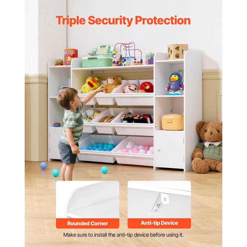 White MDF Kids Toy Organizer with Bookshelves, Bins and Storage Cabinets