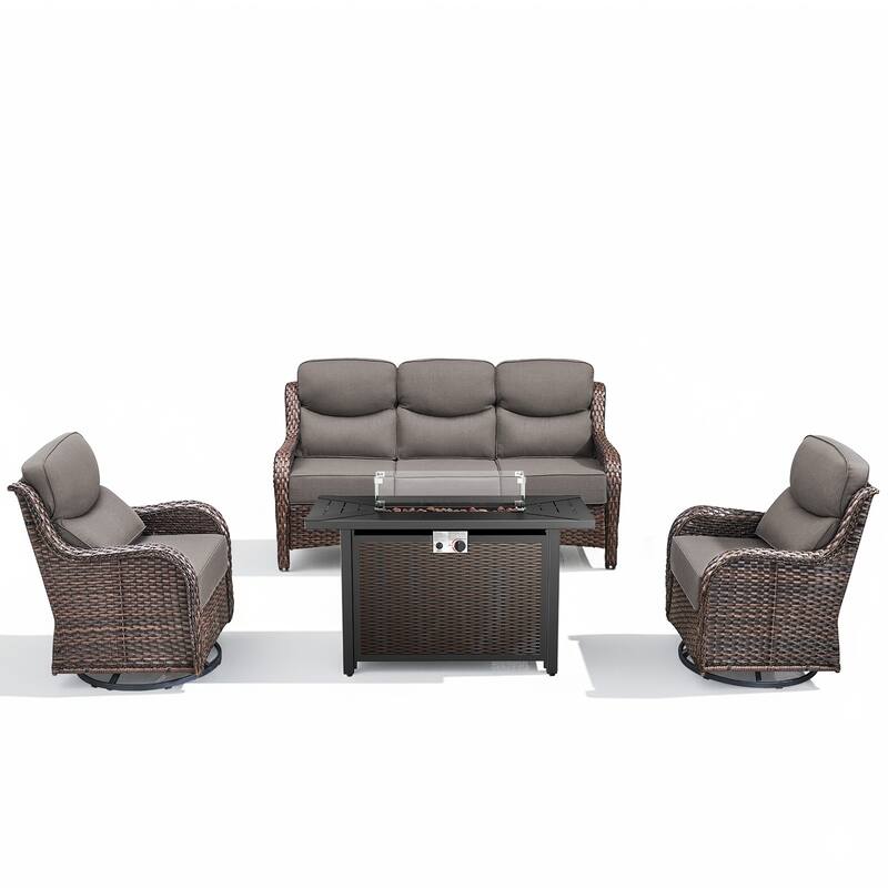 Arcadia 4-Piece PE Wicker Patio Seating Set with Durable All-Iron Fire Pit and 6-Inch Cushions