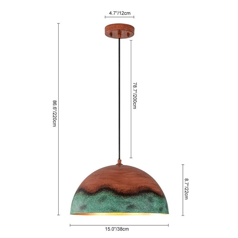 Weathered Copper Metal Oversized Dome Pendant Green Patina Accent