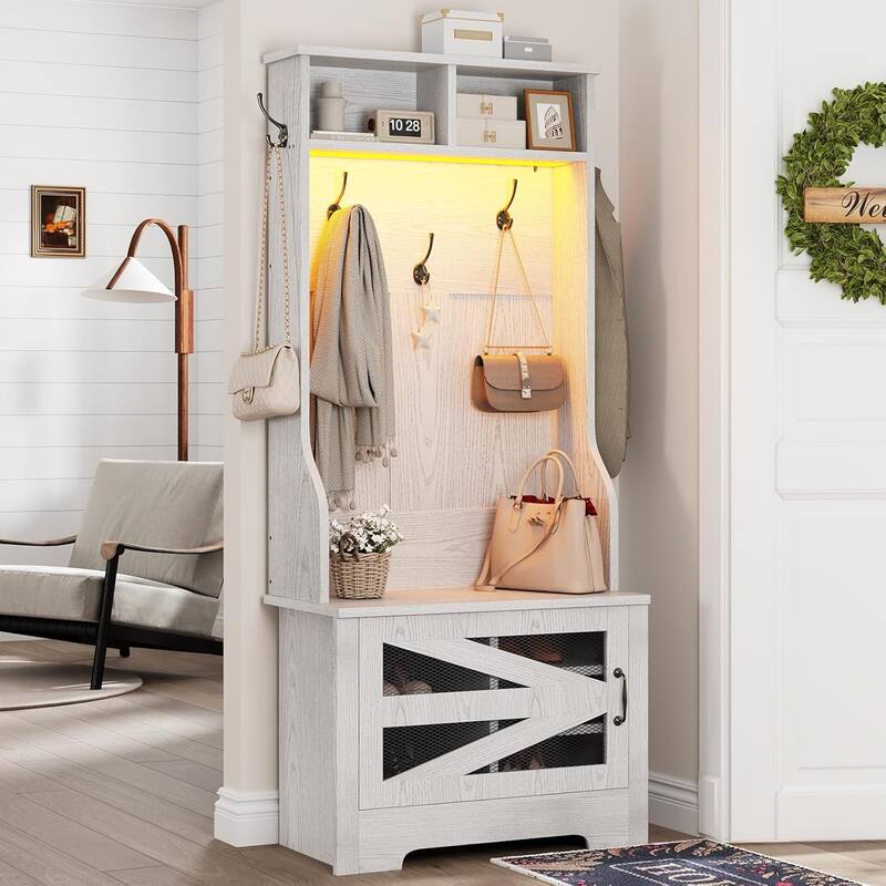 Hall Tree w/ Bench Shoe Storage Shoe Cubby Barn Door Adjustable Shelf - 23.6" - White