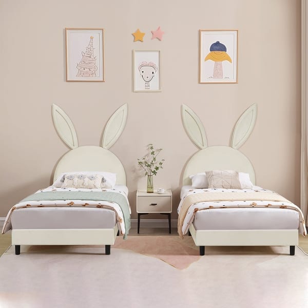 slide 2 of 33, VECELO Wooden Cute Rabbit Twin Bed Frame with Upholstered Headboard, Kids Bed Frame Set of 2