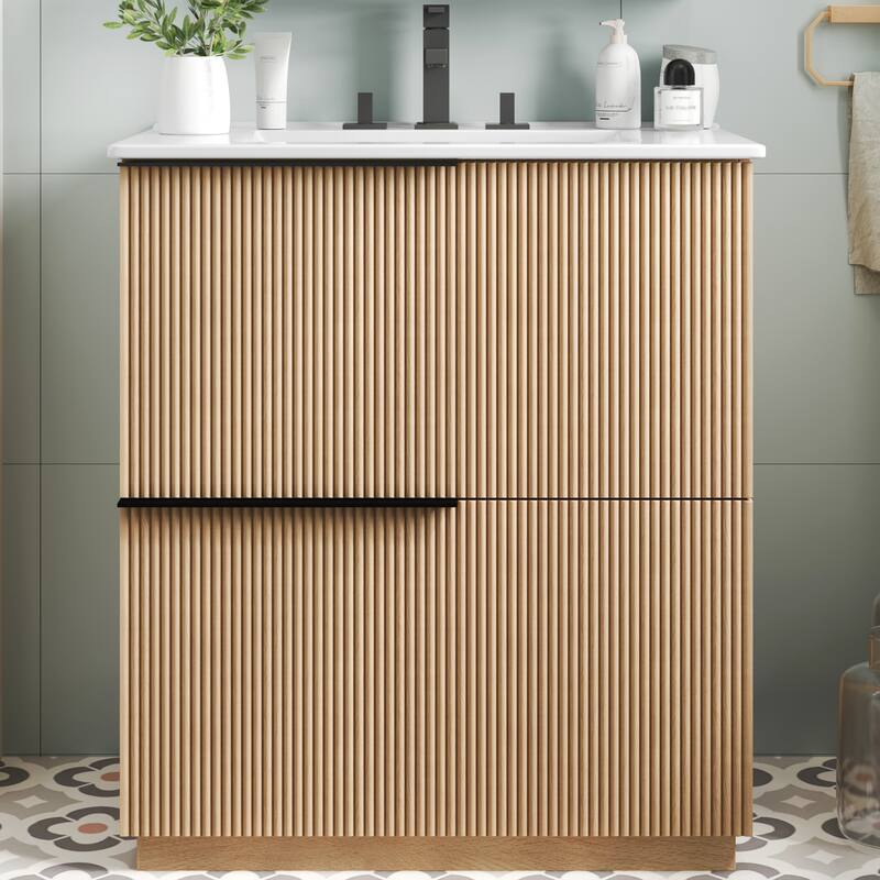 30" Bathroom Vanity with Ceramic Sink and Full-Extension Drawers, Soft Close Undermount Drawer Slides, Fluted Design, Natural