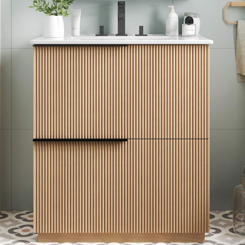 Bathroom Vanity with Ceramic Sink, Freestanding Wooden Bathroom Vanity, Bathroom Cabinet with Full-Extension Drawers