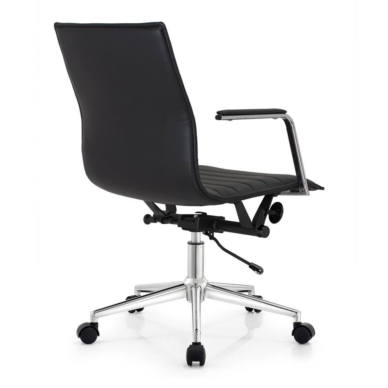 Modern Office Desk Chair | Upholstered PU Leather Ribbed Mid Back with Metal Frame | Adjustable Height, Tilt Lock