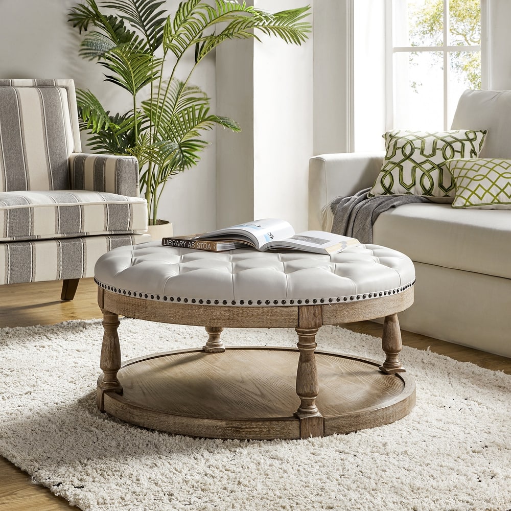 Dulcie Traditional Cocktail Vegan Leather Ottoman with Solid Wood Legs by HULALA HOME