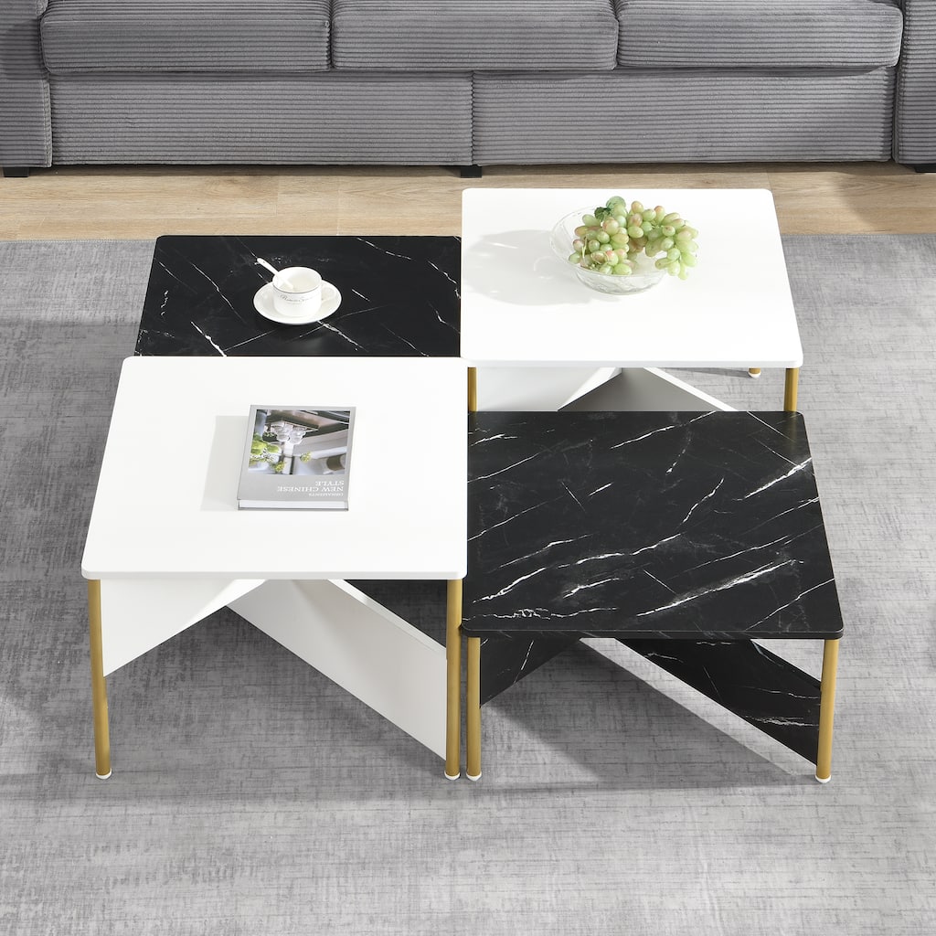 Modern Nesting Coffee Tables Set of 4, Square End Table with Free Adjustable Shape, Accent Table with Marble-Effect Top