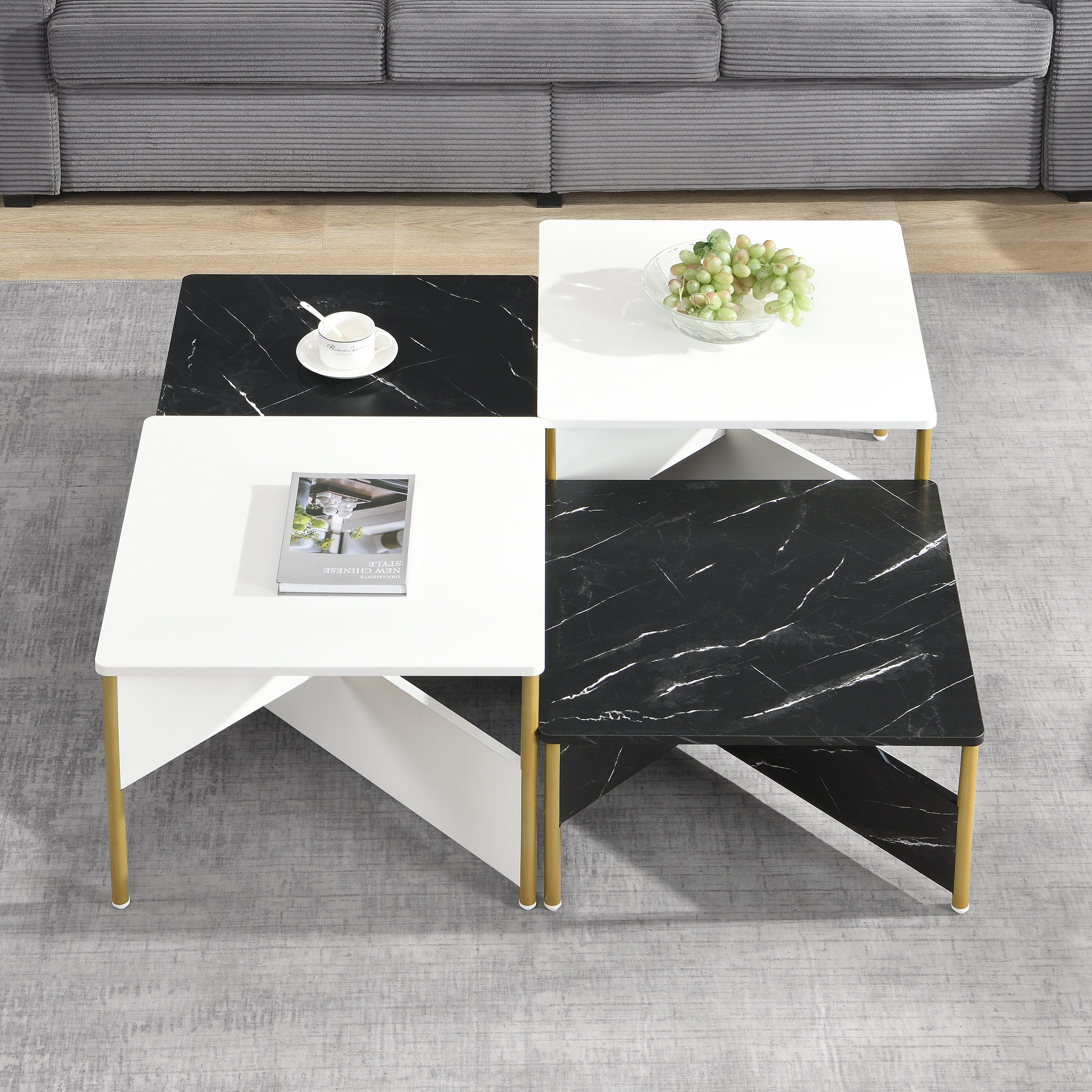 Modern Nesting Coffee Tables Set of 4, Square End Table with Free Adjustable Shape, Accent Table with Marble-Effect Top