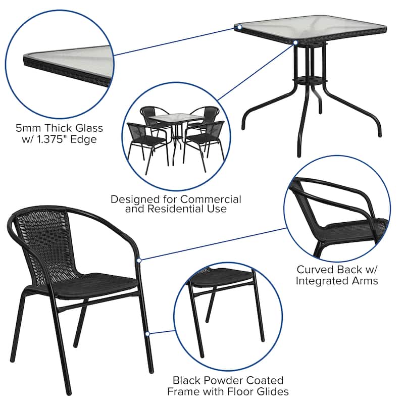 5-Piece Square Indoor/Outdoor Patio Table and Rattan Chairs Set - 28"W x 28"D x 28"H