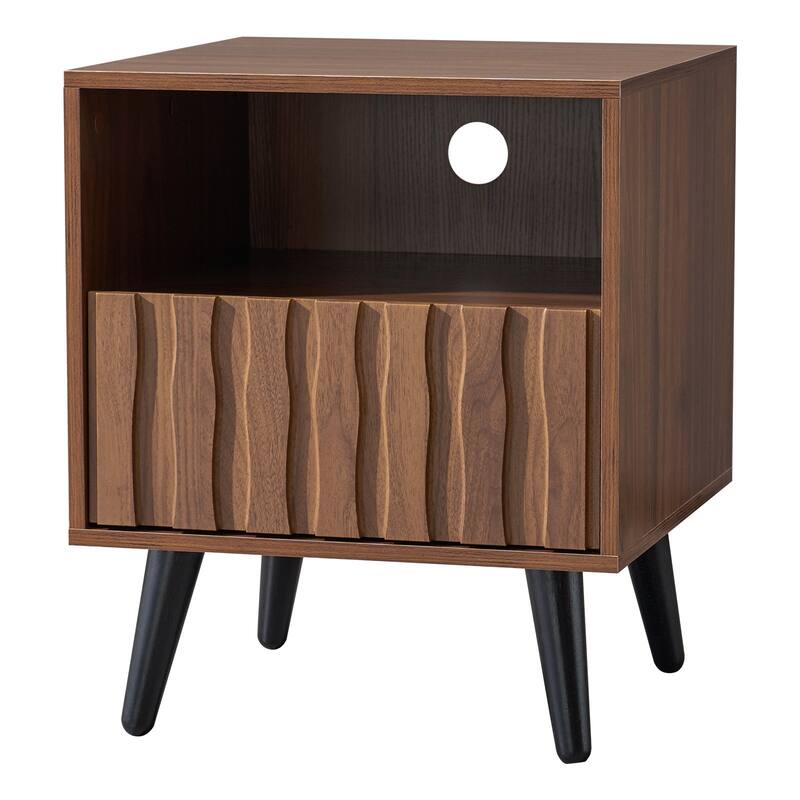 Mid-Century Modern Nightstand, Fluted End Table Drawer & Open Storage