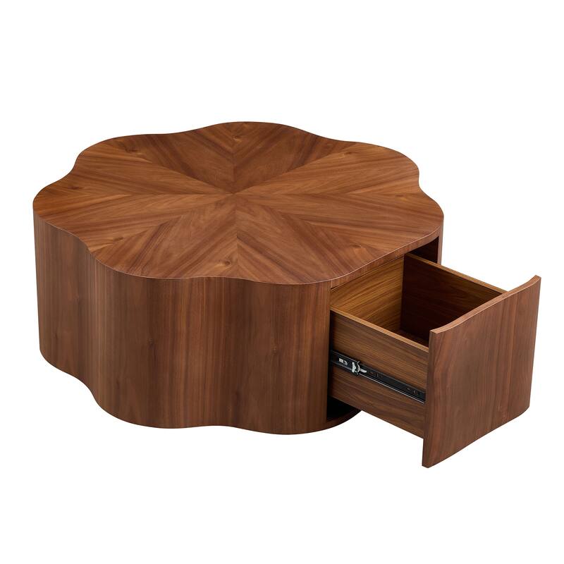 Modern Petal Shaped Coffee Table Stylish Round Coffee Table with Hidden Drawers, for Living Room, Walnut Color
