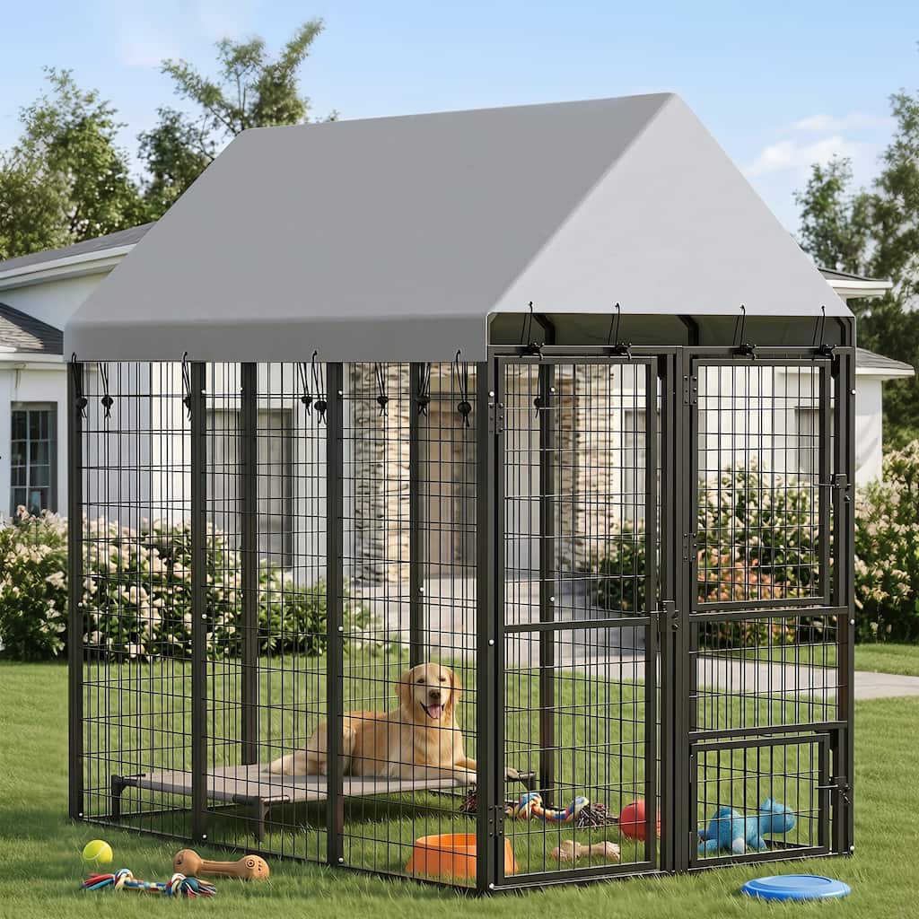 PawHut Outdoor Dog Kennel with Roof, 3 Doors, Heavy Duty Expandable Run Enclosure, Secure Lock, 6' x 4' x 6'