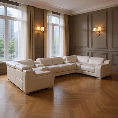 HomeRoots Light Gray Italian Leather Power Reclining U Shaped Eight Piece Corner Sectional With Console