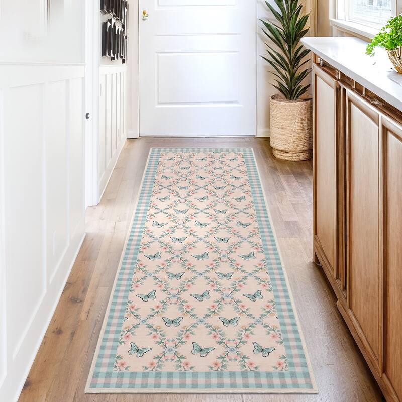 Butterfly Pattern Rugs for Living Room, Modern Floral Area Rug, Washable Border Plaid Non Slip Floor Carpet