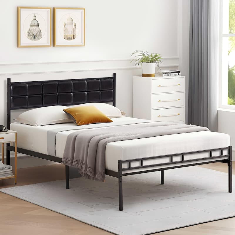 VECELO Faux Leather Tufted Bed, Metal Frame Bed Frame