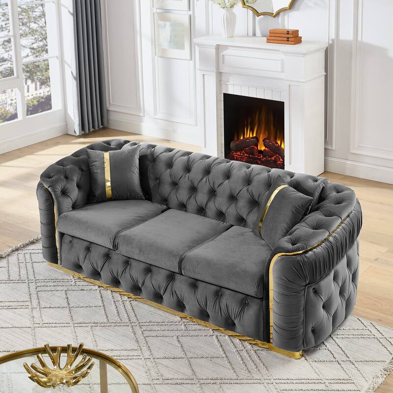90.6″ Velvet 3-Seater Sofa with 2 Pillows, High-Density Foam & Gold Accents