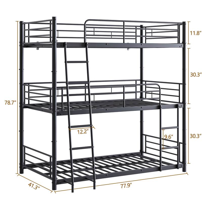 Heavy Duty Metal Triple Twin Bunk Bed with Guardrails, Ladder & Storage, Easy to Assemble