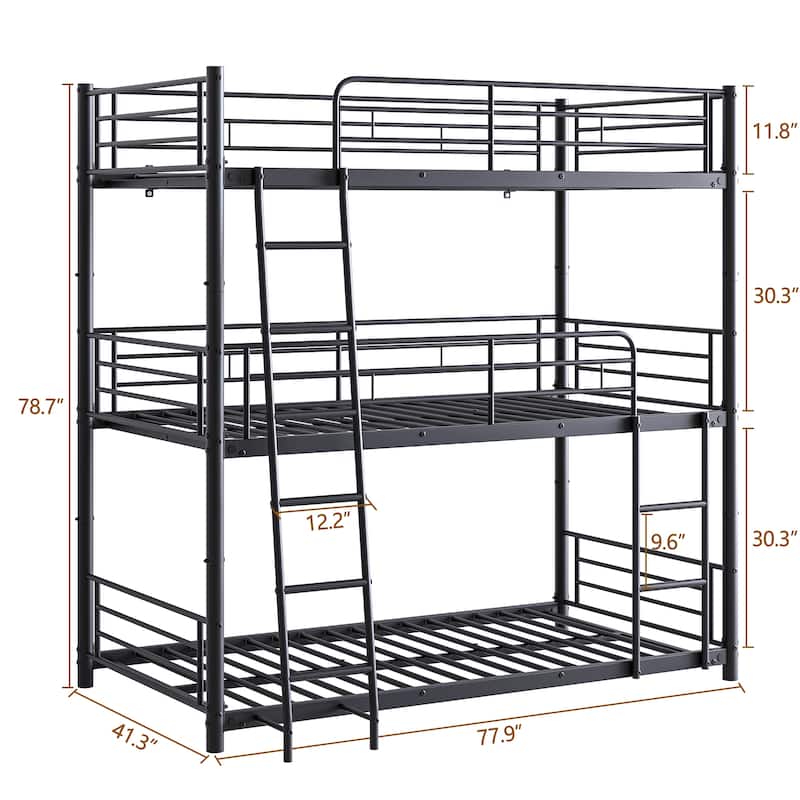 Metal Triple Bunk Bed,Twin Over Twin Bunk Bed for 3, 3 Beds with Guardrail and Ladder, Heavy Duty Triple Bed Frame for Teenagers