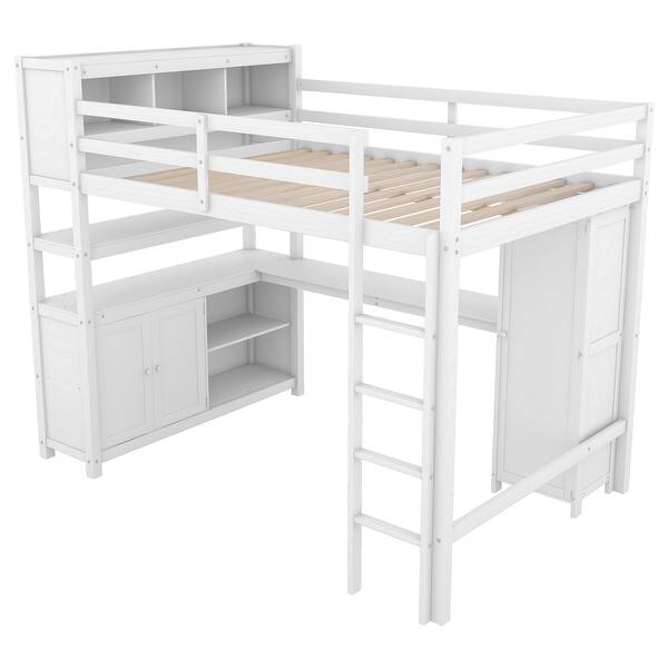 slide 2 of 23, Full Size Wood Loft Bed with Cabinet and Bookshelf