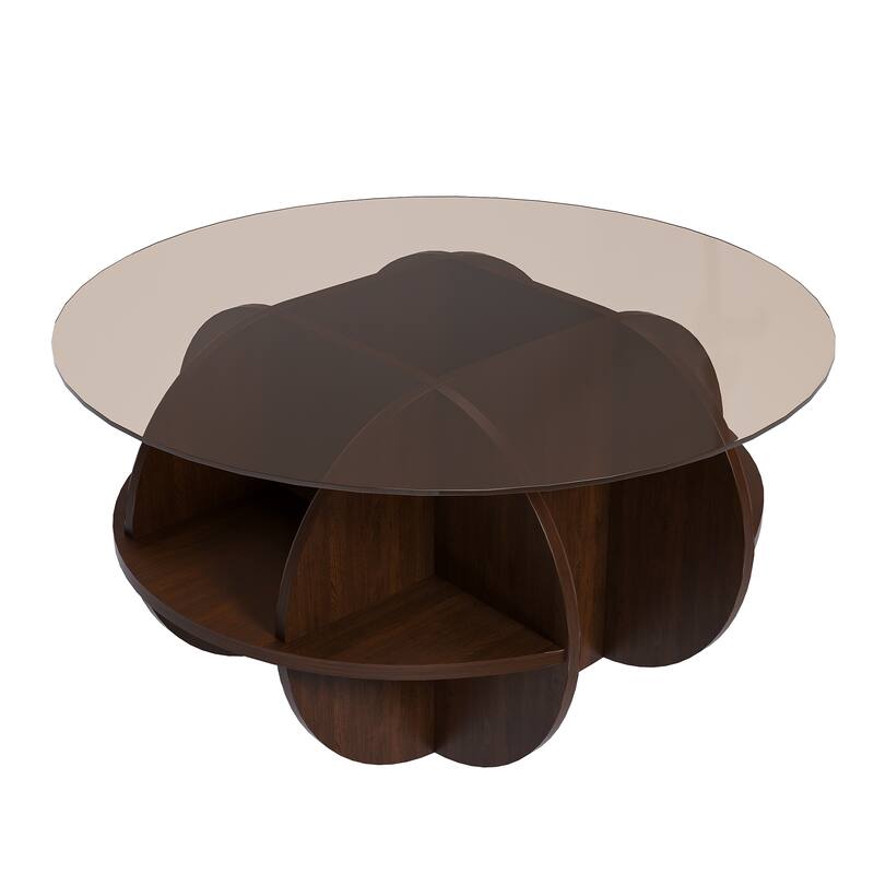 Round Coffee Table with Storage, 31.5 Inch Modern Farmhouse Center Table with Tempered Glass Top and Wooden MDF Frame